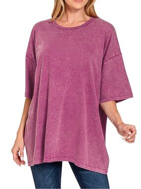 Acid Wash Cotton Drop Shoulder Boyfriend Box Tee in Lt Plum